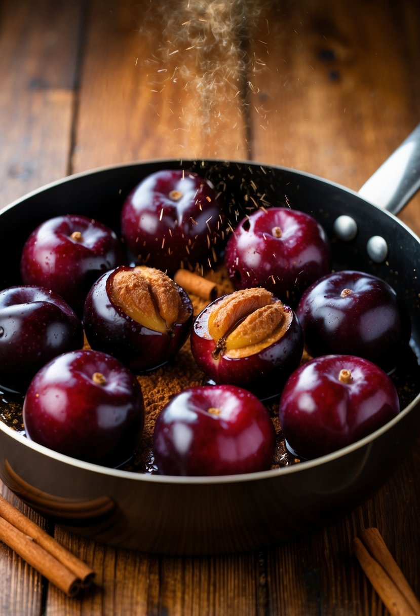 Ripe plums sizzling in a pan with cinnamon, emitting a sweet and fragrant aroma