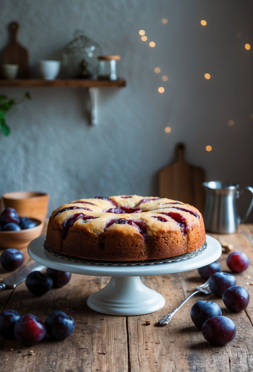 A rustic kitchen table with a freshly baked plum upside-down cake surrounded by scattered plums and a vintage cake stand