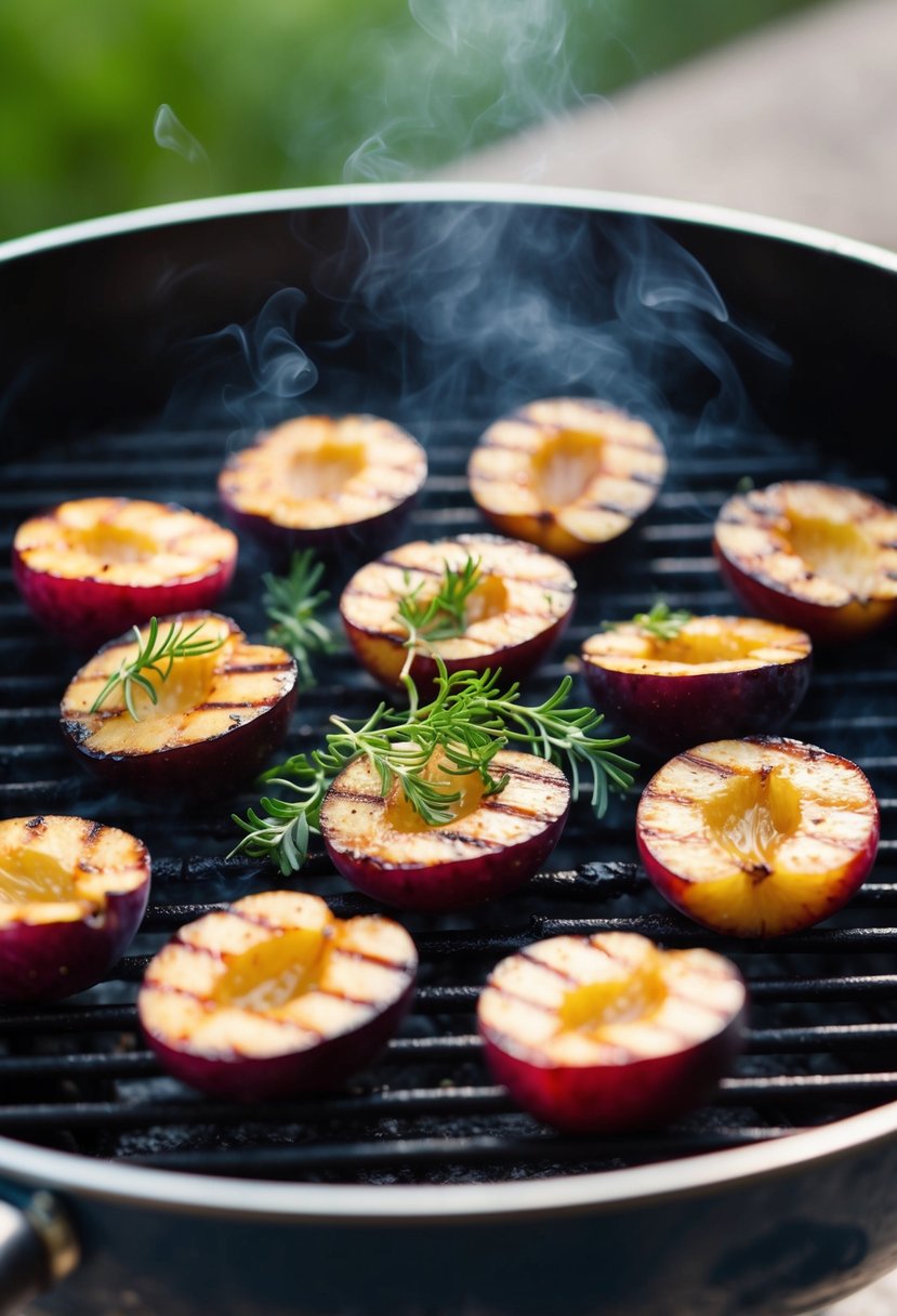 A sizzling grill with halved plums and aromatic herbs, emitting a mouthwatering aroma