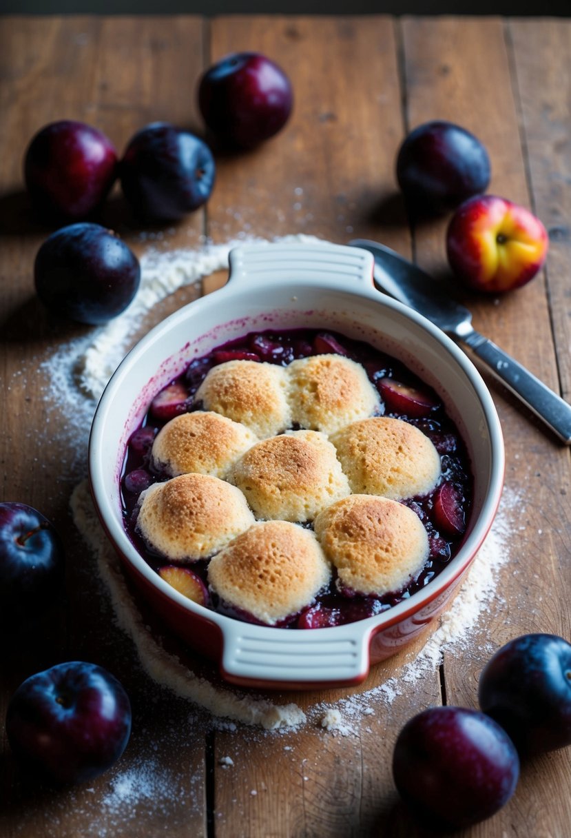 A rustic kitchen table with a bubbling plum cobbler in a ceramic dish, surrounded by fresh plums and a scattering of flour