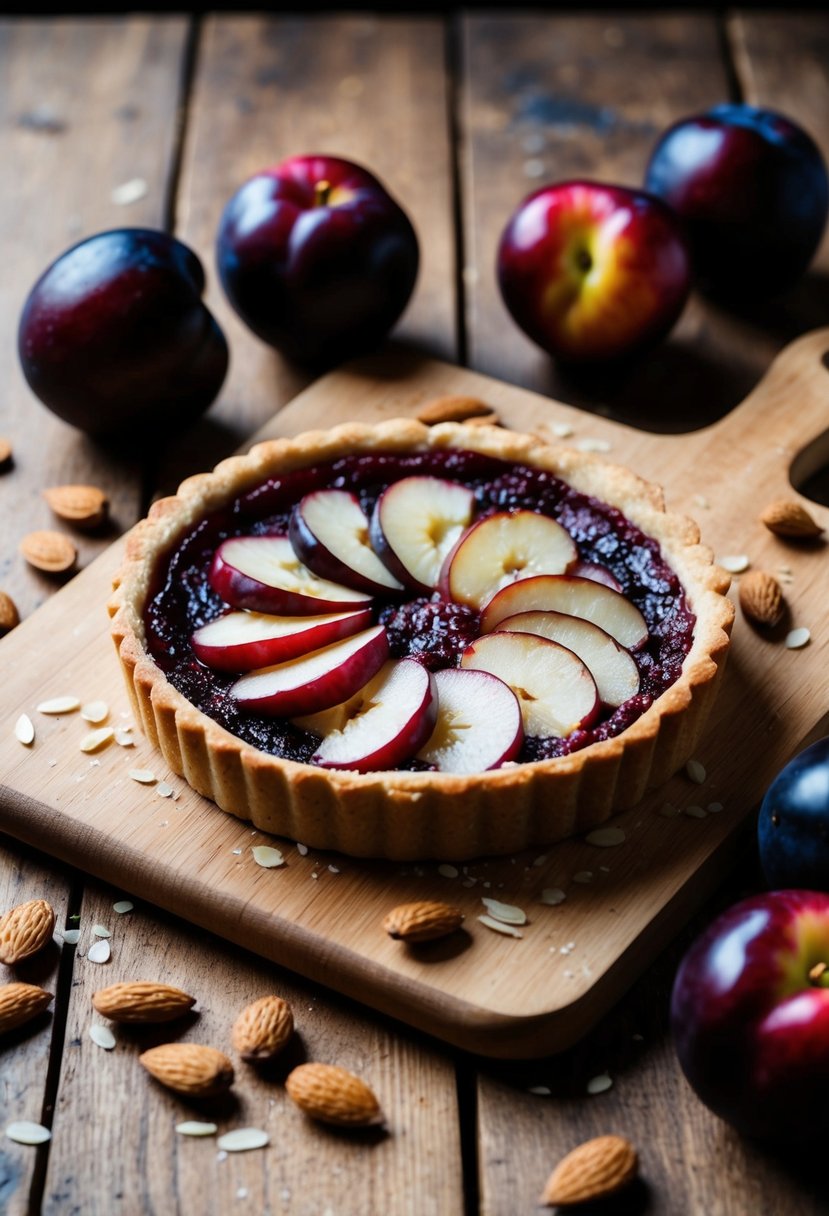 A rustic plum tart with sliced almonds on a wooden cutting board, surrounded by fresh plums and a scattering of loose almonds