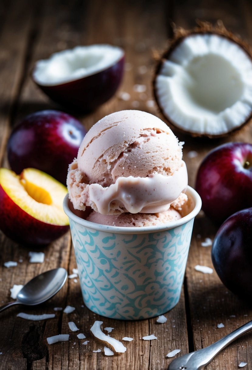 A scoop of plum and coconut ice cream surrounded by fresh plums and coconut shavings on a rustic wooden table