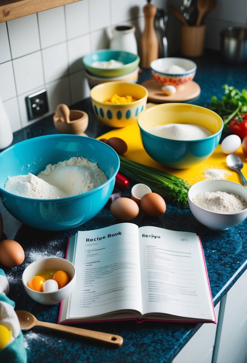 A colorful kitchen counter with various ingredients and utensils scattered around, including a mixing bowl, flour, eggs, and a recipe book open to a simple recipe