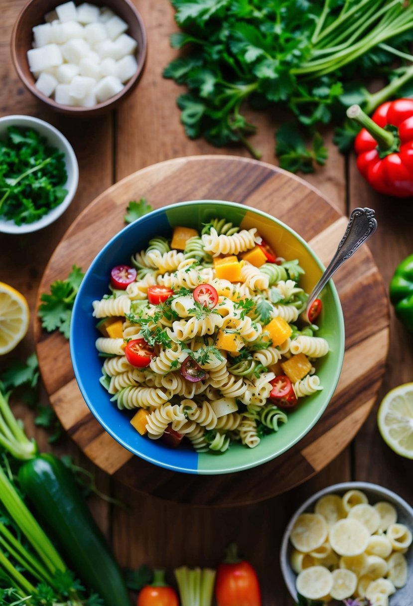 A colorful bowl of cold pasta salad surrounded by fresh vegetables and herbs on a wooden table