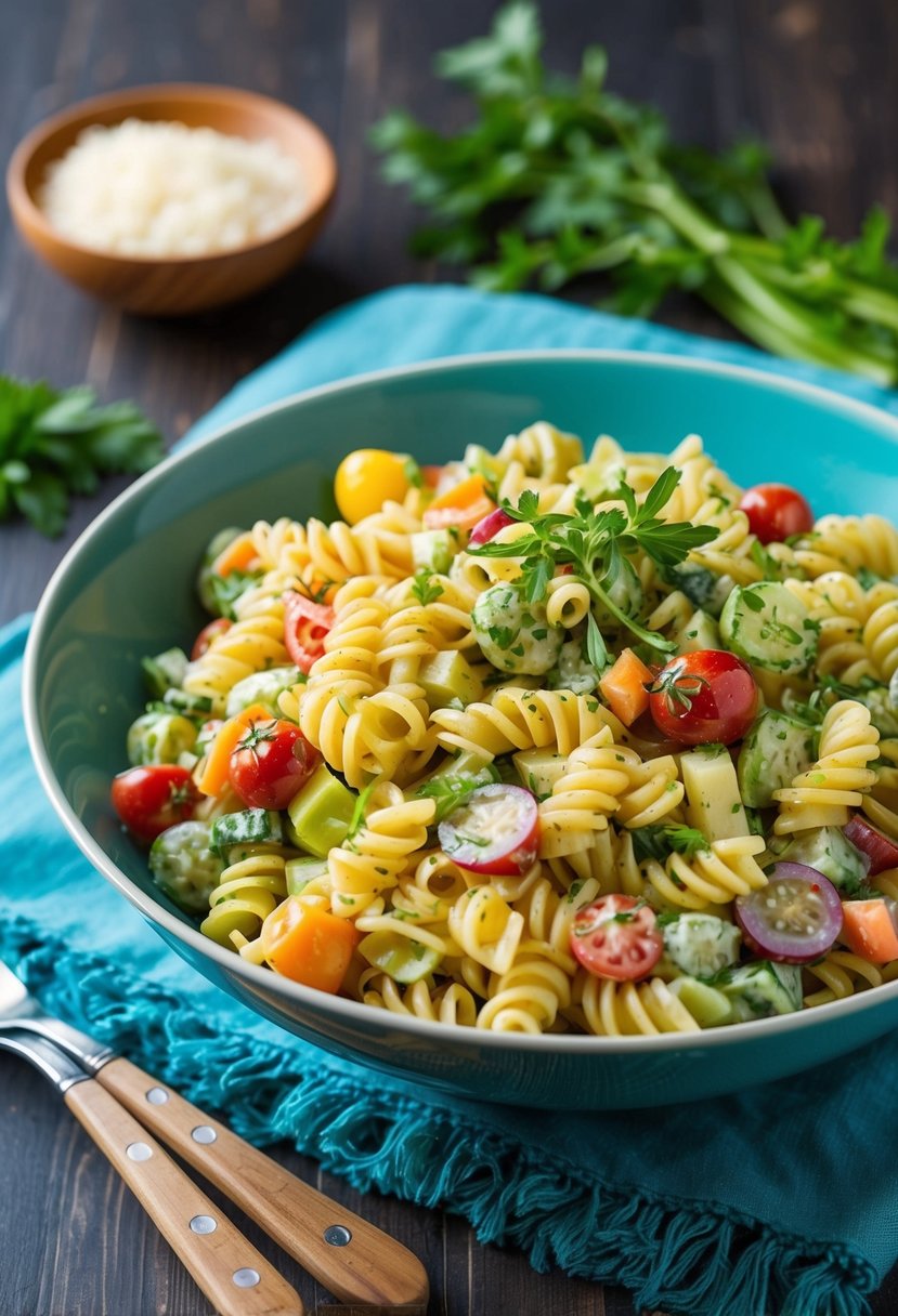 A colorful bowl of classic Italian pasta salad with assorted vegetables and vinaigrette dressing, garnished with fresh herbs