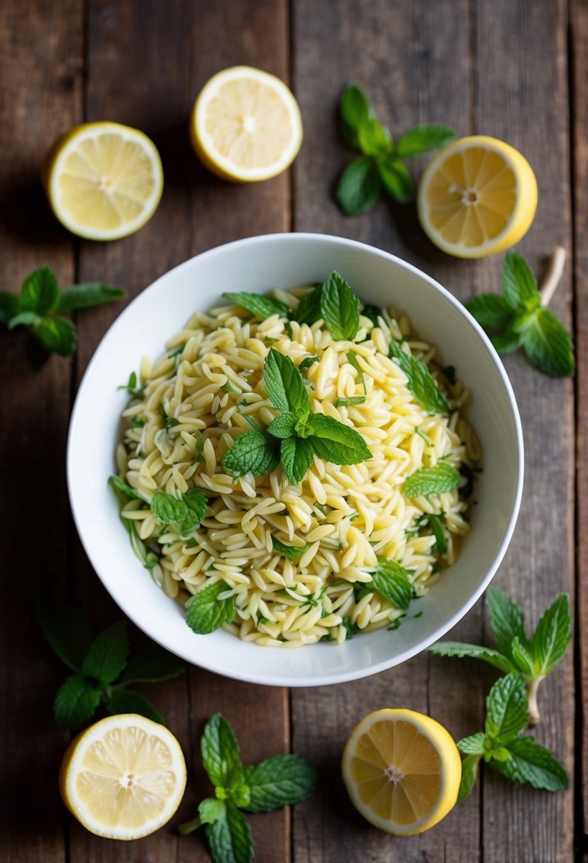 A vibrant bowl of lemon-mint orzo salad surrounded by fresh mint leaves and sliced lemons on a rustic wooden table