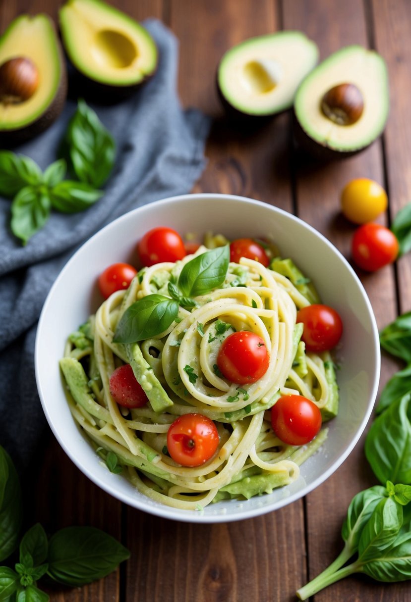 A bowl of creamy avocado pasta with cherry tomatoes and basil on a wooden table, surrounded by fresh avocados and pasta ingredients