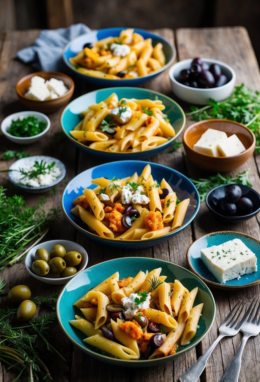 A rustic wooden table set with a colorful array of Greek-inspired penne medley dishes, surrounded by fresh herbs, olives, and feta cheese