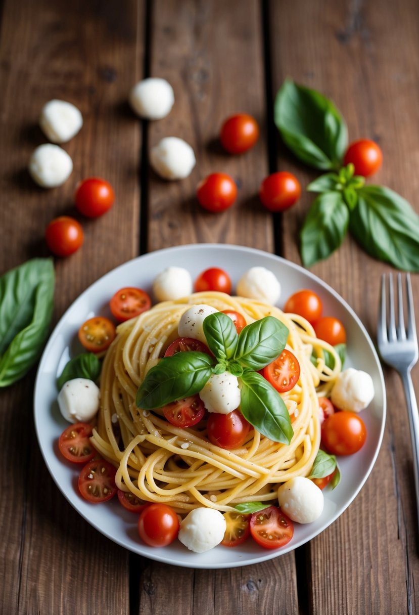 A wooden table set with a plate of Caprese pasta topped with fresh basil leaves, surrounded by scattered cherry tomatoes and mozzarella balls