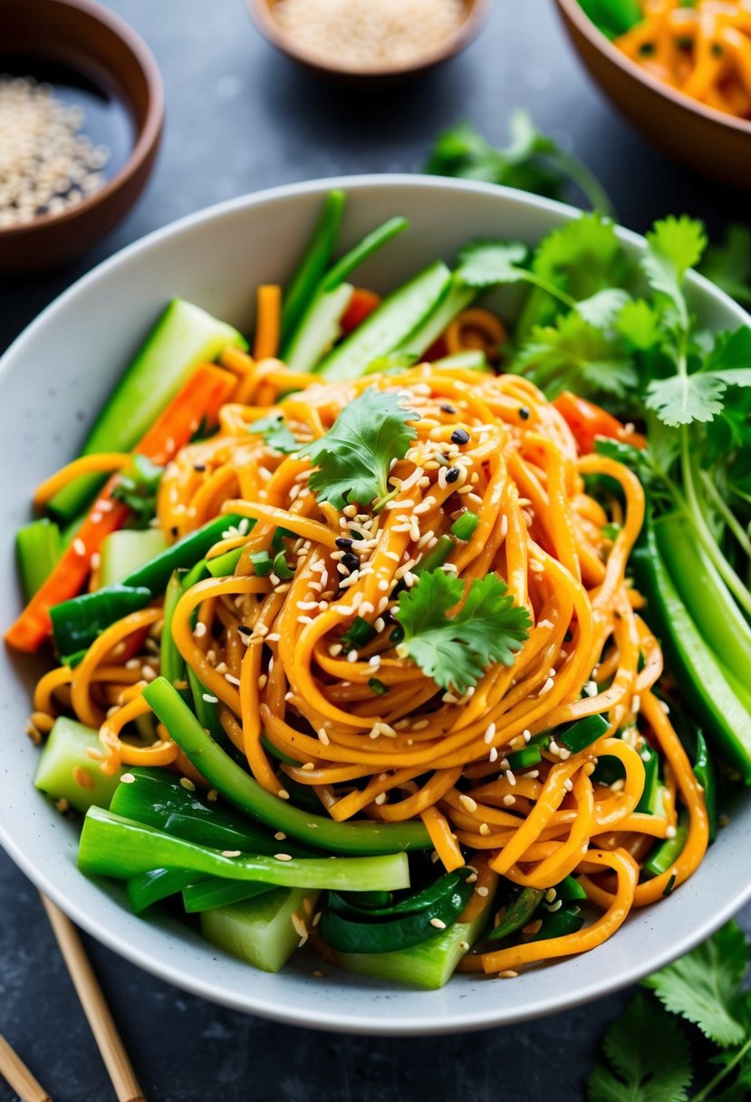 A colorful array of fresh vegetables and cold noodles tossed in a spicy Asian dressing, garnished with sesame seeds and cilantro