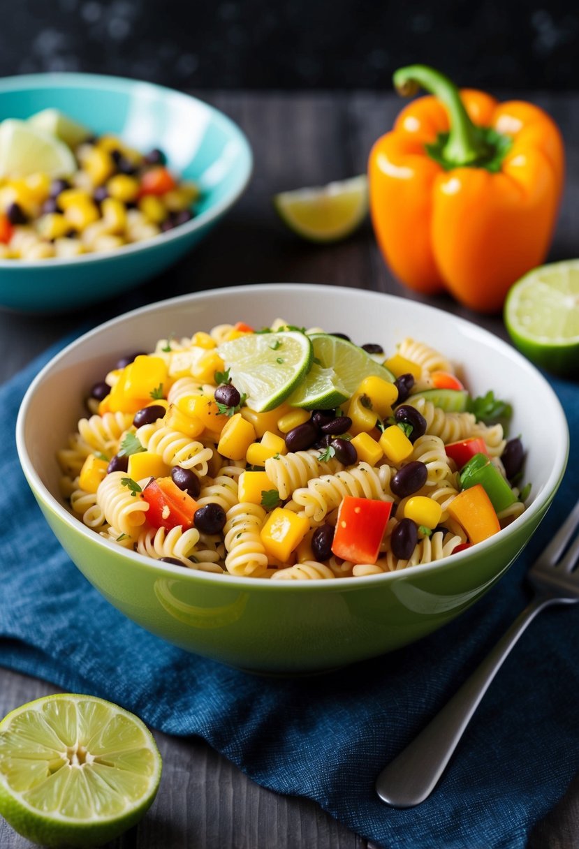 A colorful bowl of cold Southwestern pasta salad with bell peppers, corn, black beans, and a zesty lime dressing