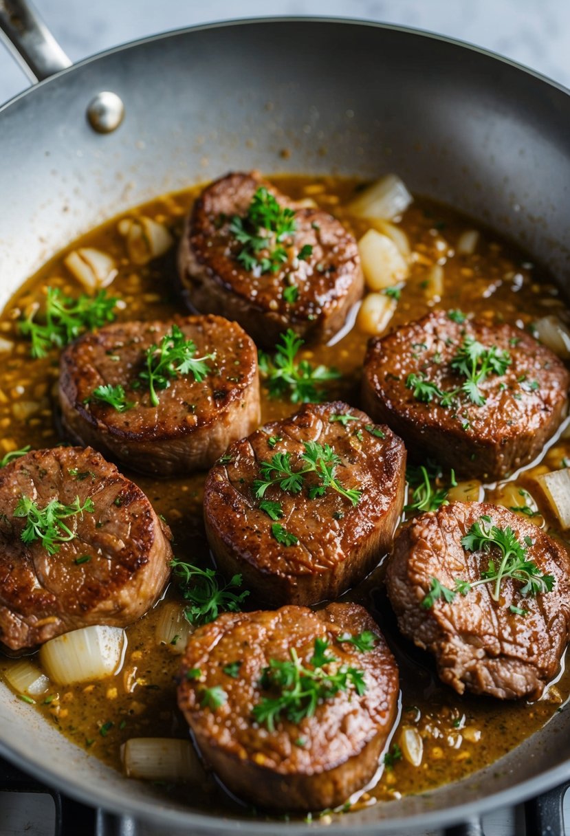 A sizzling beef liver in a pan with onions and herbs