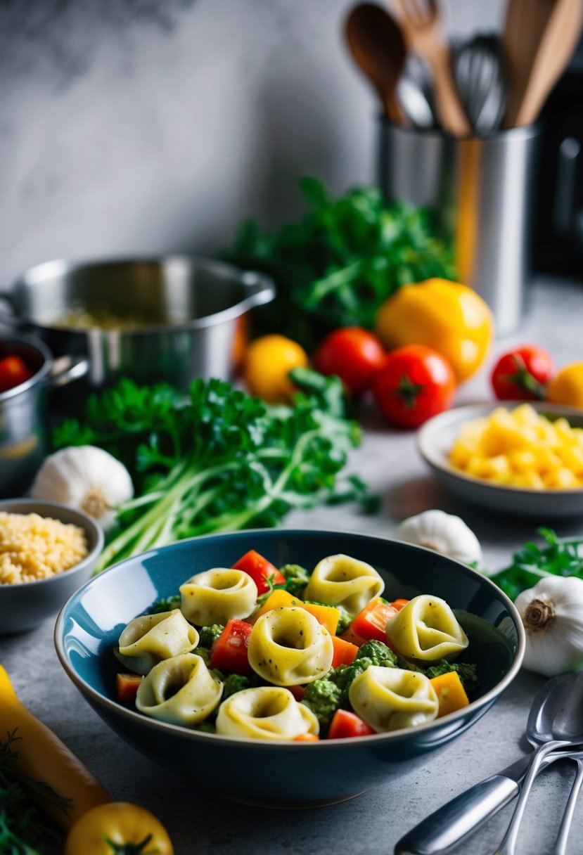 A bowl of pesto tortellini with colorful mixed vegetables, surrounded by fresh ingredients and cooking utensils on a kitchen counter