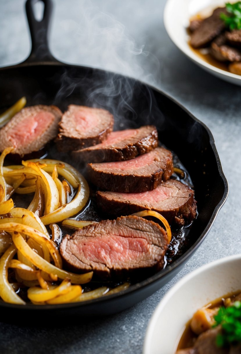 A sizzling skillet holds thick slices of beef liver and caramelized onions, surrounded by steaming side dishes