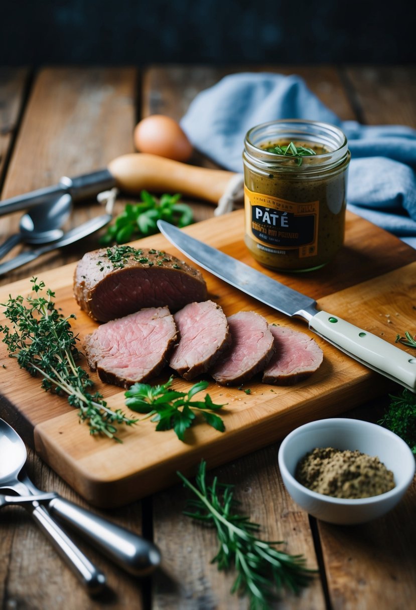 A rustic wooden cutting board with sliced beef liver, herbs, and a jar of pâté surrounded by kitchen utensils