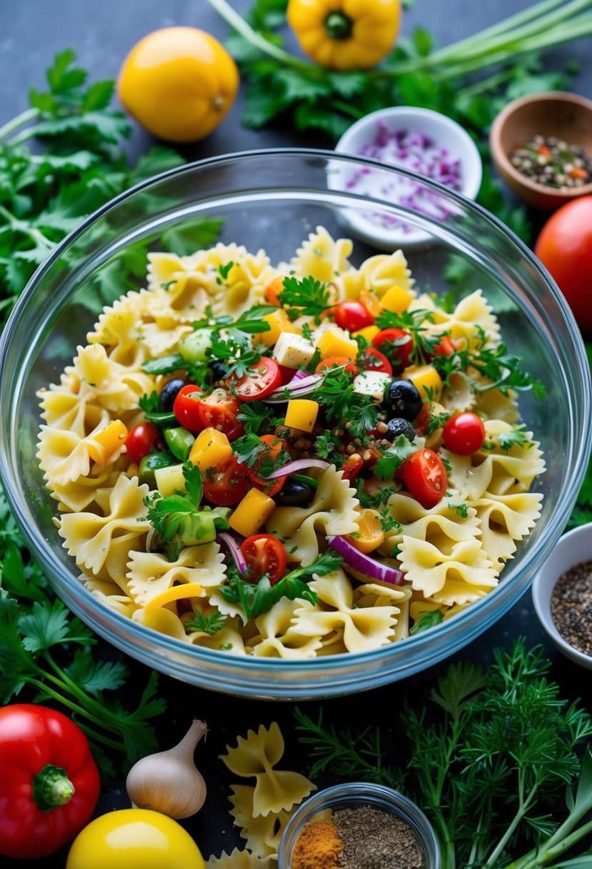 A colorful array of fresh Mediterranean ingredients mixed with bowtie pasta in a large glass bowl, surrounded by vibrant herbs and spices