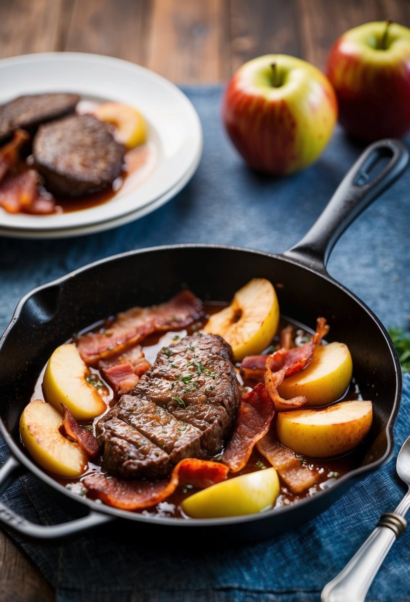 A sizzling skillet with beef liver, crispy bacon, and caramelized apples