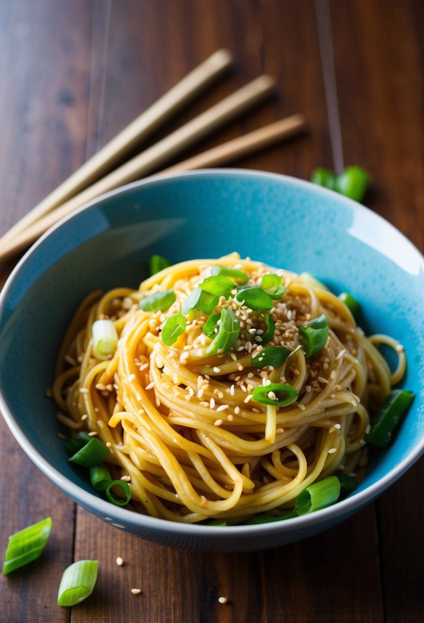 A bowl of sesame noodles, garnished with green onions and sesame seeds, sits on a wooden table with chopsticks nearby