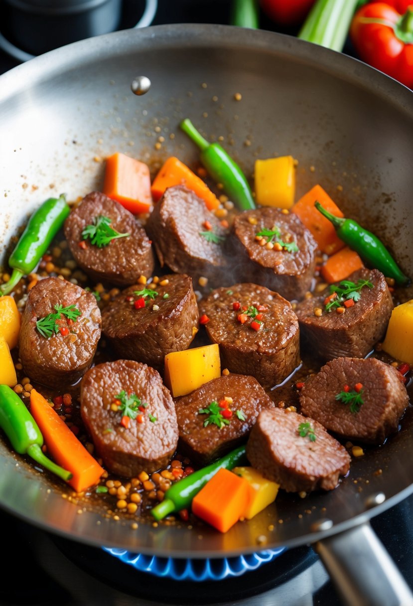 Fresh beef liver sizzling in a hot wok with colorful vegetables and aromatic spices