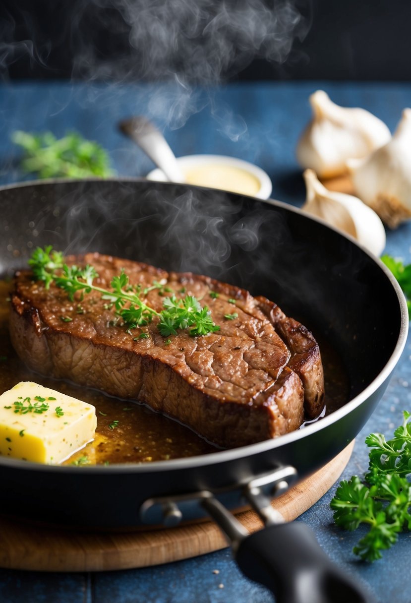 A sizzling beef liver steak sizzling in a pan with garlic butter, emitting a mouthwatering aroma