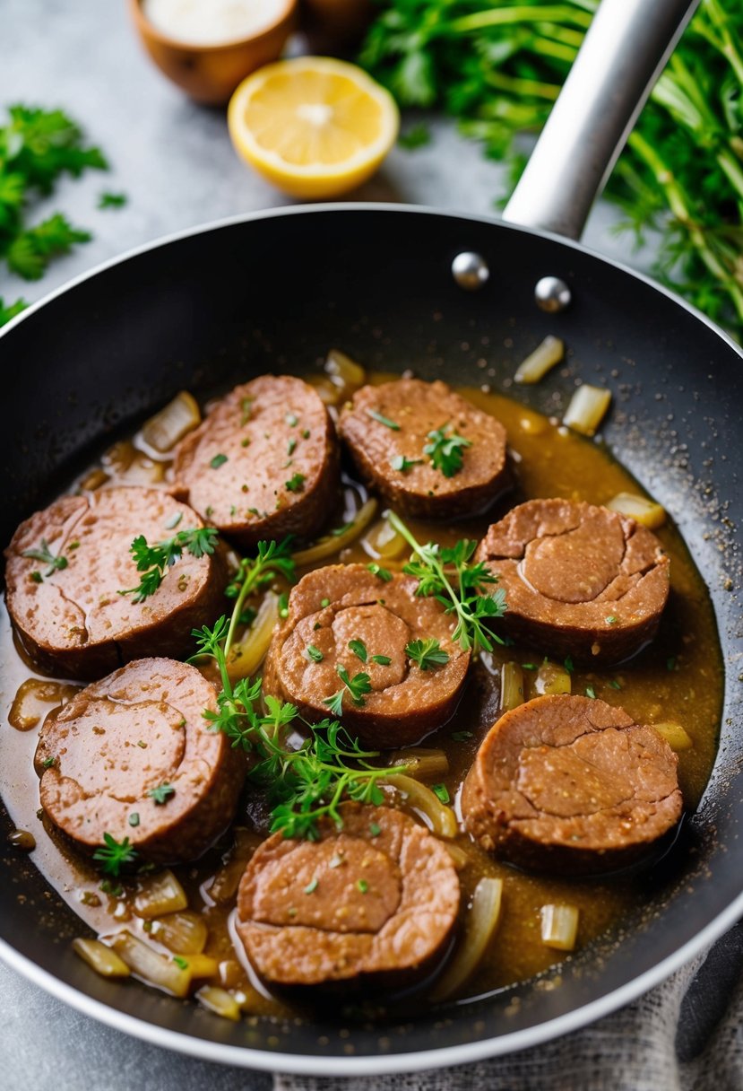 A sizzling pan with beef liver slices simmering in a rich onion gravy, surrounded by fresh herbs and spices