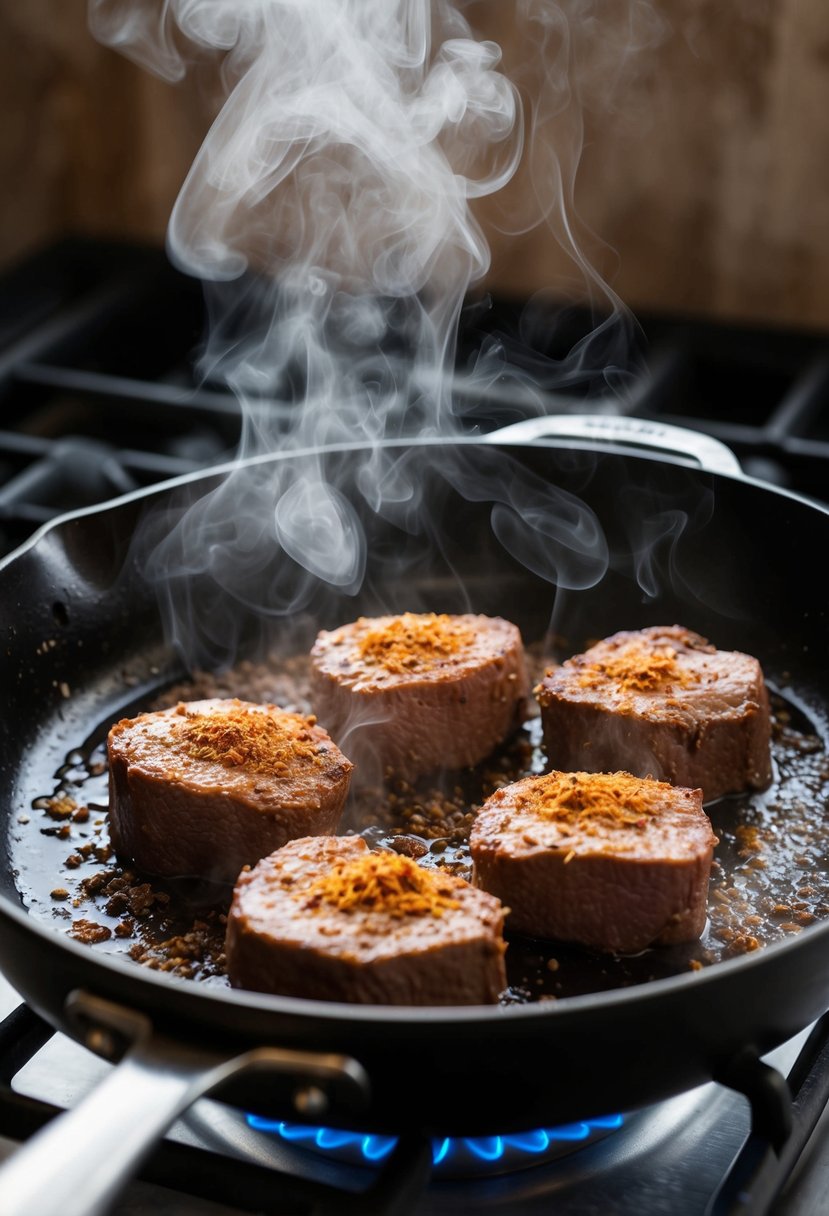 A sizzling beef liver seasoned with Cajun spices in a hot skillet. Steam rises as the liver cooks, emitting a tantalizing aroma