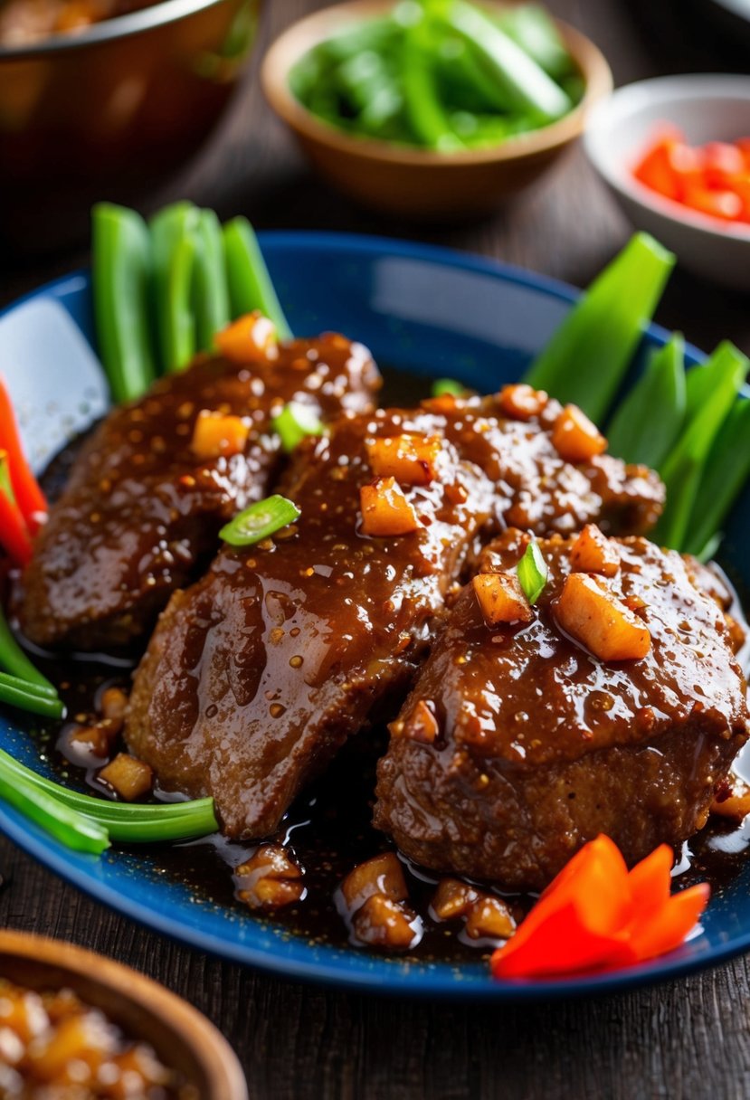 A sizzling beef liver coated in a sticky Asian glaze, glistening with caramelized edges, surrounded by vibrant green and red garnishes