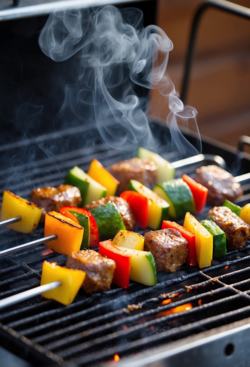 Fresh liver and assorted veggies skewered on metal sticks, sizzling over a hot grill. Steam rises as the juices from the liver and vegetables mingle and caramelize