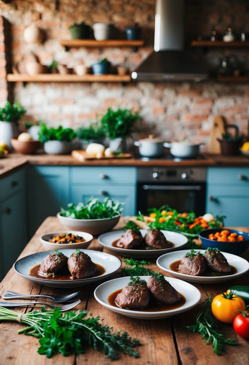 A rustic kitchen with a wooden table set with Mediterranean-style beef liver dishes, surrounded by fresh herbs and colorful vegetables