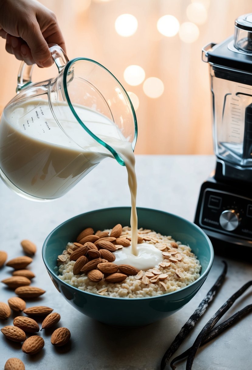 A glass pitcher pours almond milk into a bowl of oats, surrounded by almonds, vanilla beans, and a blender