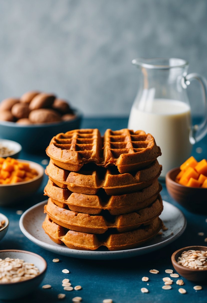 A stack of sweet potato oat waffles surrounded by a pitcher of almond milk and a bowl of fresh ingredients