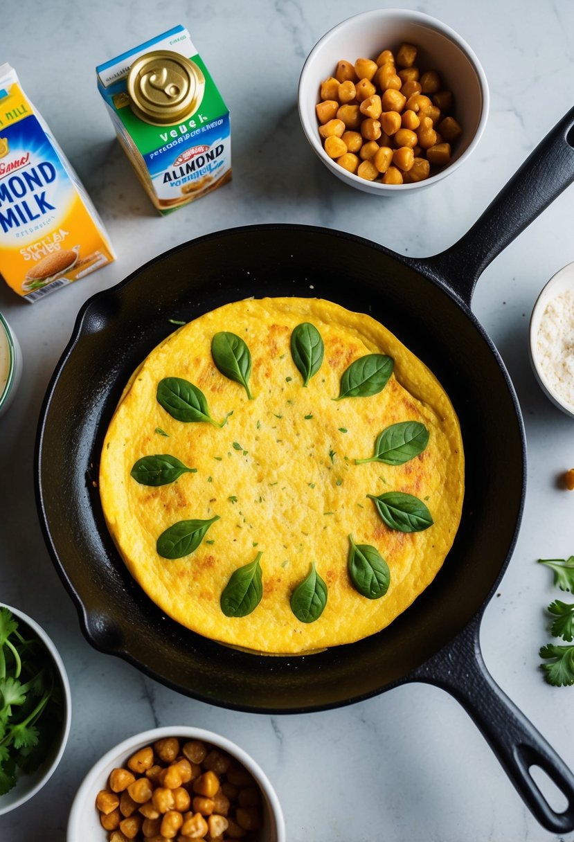 A sizzling skillet holds a golden vegan chickpea omelet, surrounded by bowls of fresh ingredients and a carton of almond milk