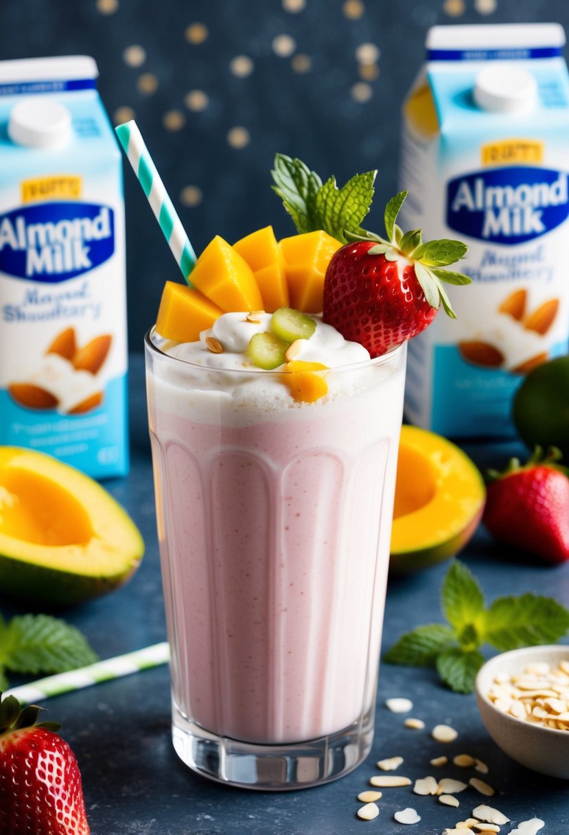 A glass filled with a creamy mango strawberry milkshake, topped with fresh fruit and a sprig of mint, set against a backdrop of almond milk cartons and scattered ingredients