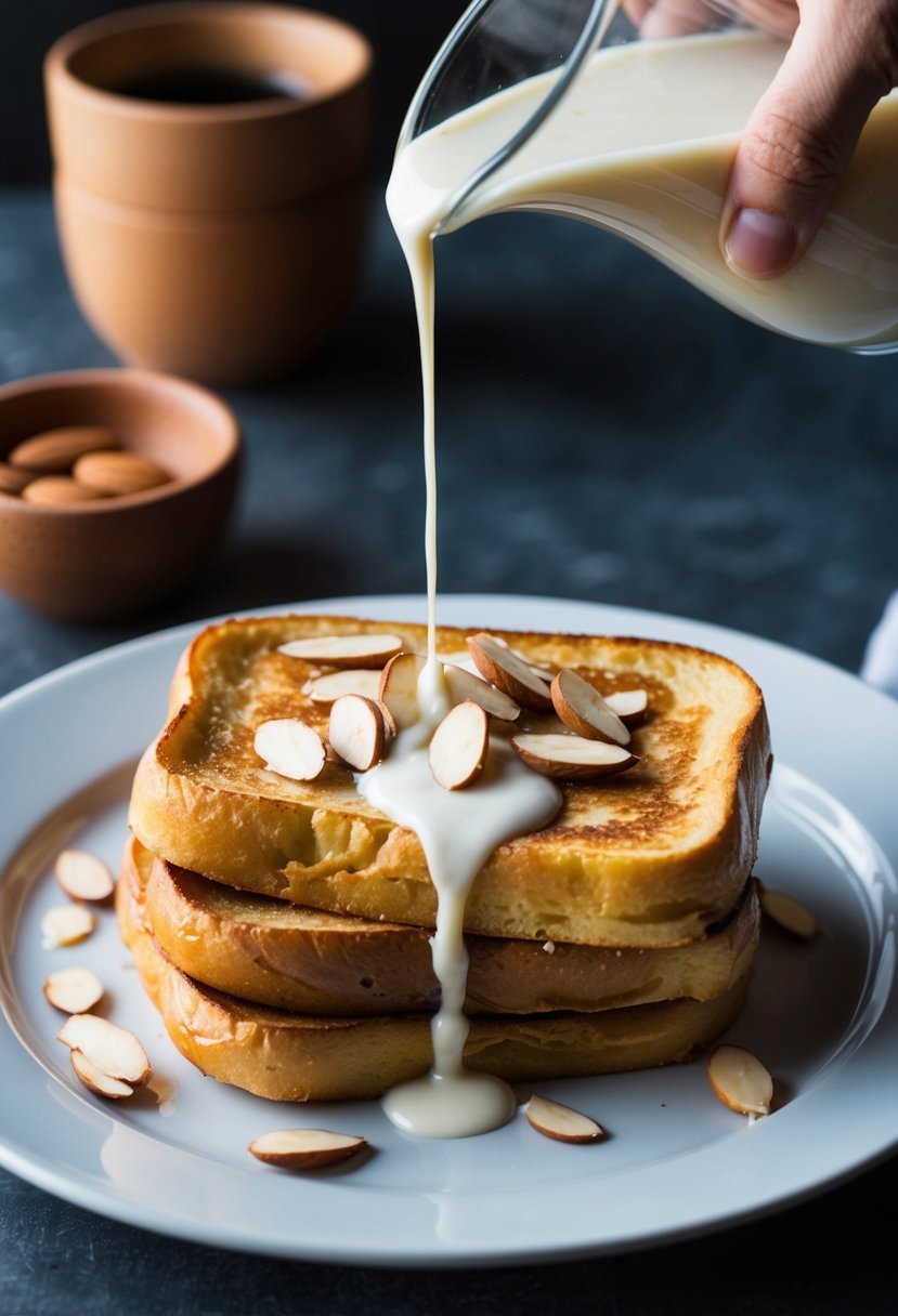 A plate of French toast topped with almond slices and drizzled with almond milk