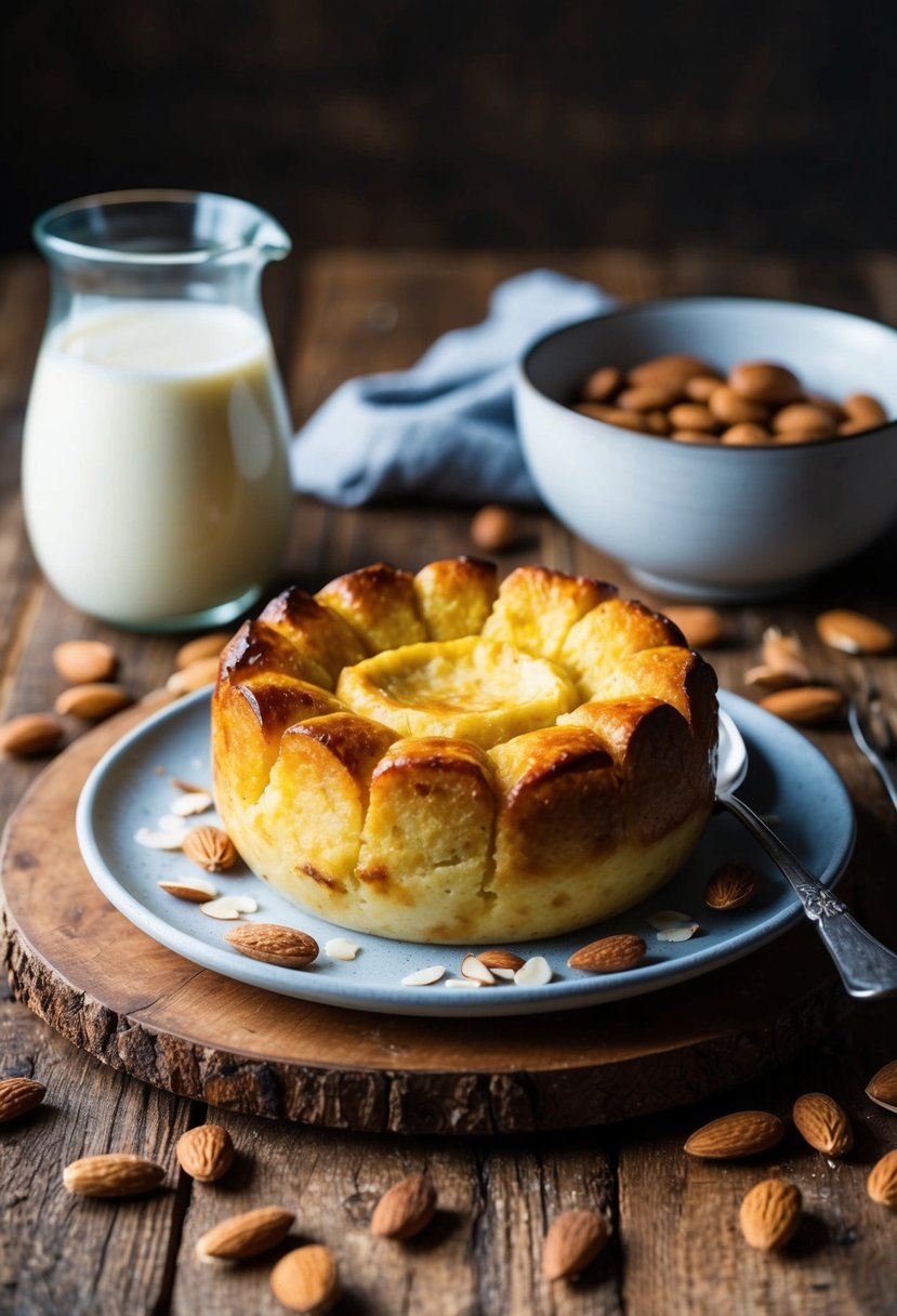 A warm, golden-brown bread pudding sits on a rustic wooden table, surrounded by scattered almonds and a pitcher of almond milk