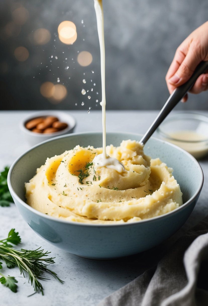 A bowl of creamy mashed potatoes being stirred with a splash of almond milk and a sprinkle of herbs