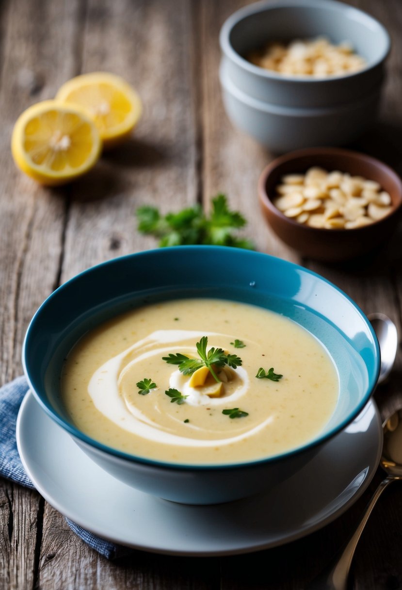 A steaming bowl of creamy bisque soup sits on a rustic wooden table, garnished with a swirl of almond milk and a sprinkle of fresh herbs