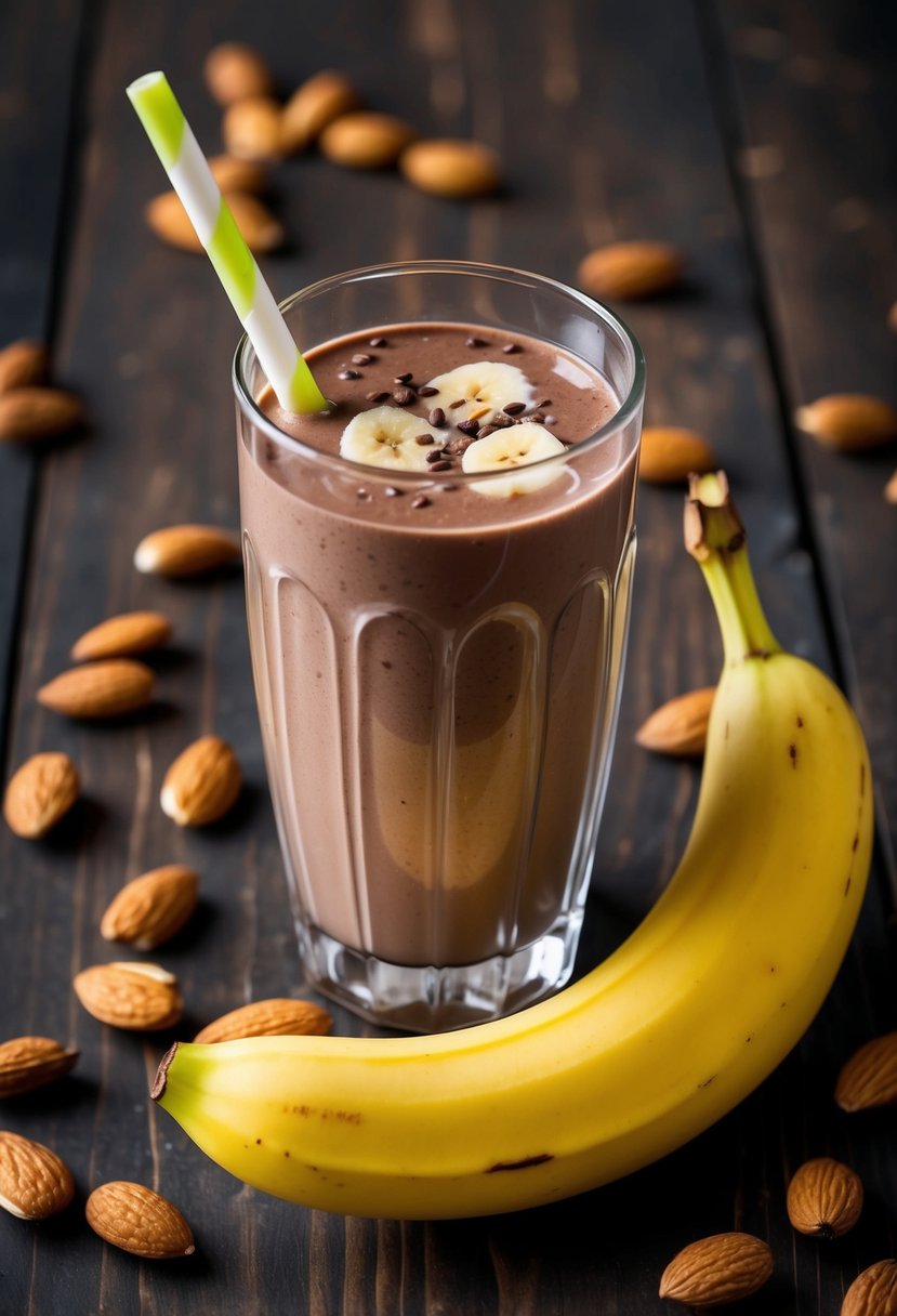 A glass filled with a creamy chocolate banana smoothie, surrounded by scattered almonds and a ripe banana