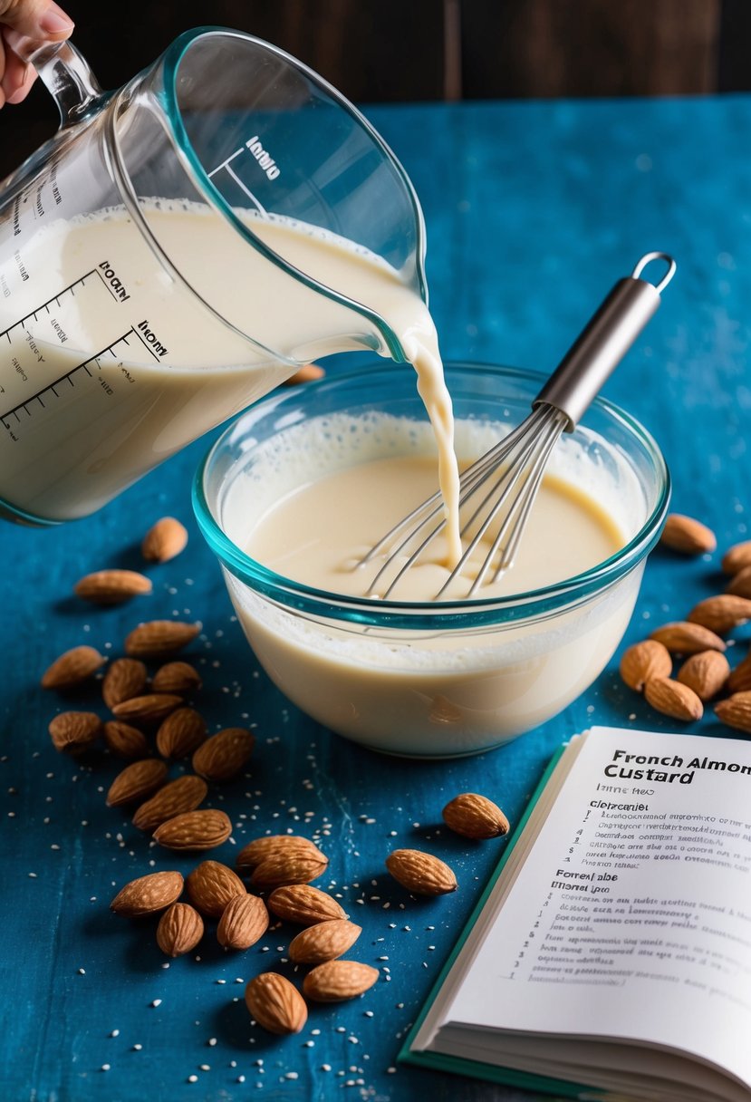 A glass pitcher pours almond milk into a mixing bowl with a whisk, surrounded by scattered almonds and a recipe book open to "French Almond Custard."