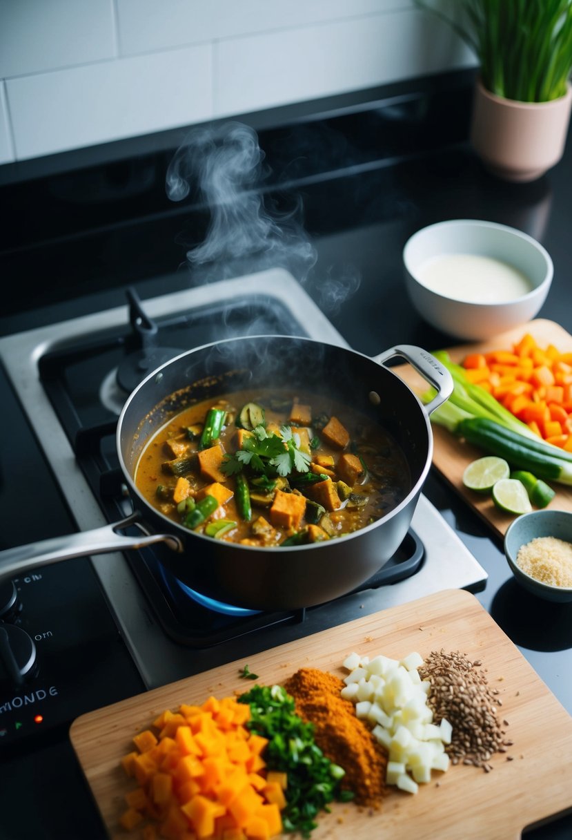 A pot of vegan curry simmers on a stovetop, steam rising, with a bowl of almond milk nearby. Chopped vegetables and spices sit on a cutting board