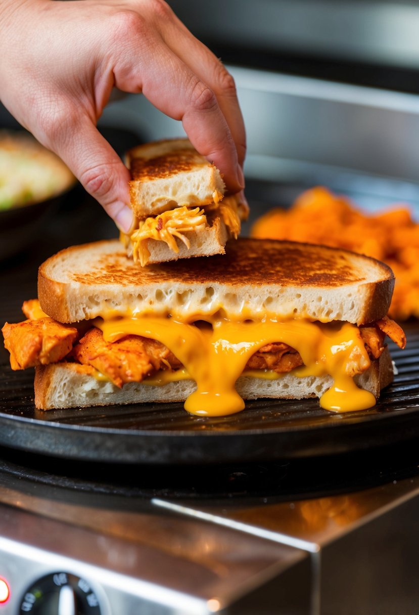 A sizzling buffalo chicken grilled cheese sandwich being assembled with melted cheese, spicy chicken, and toasted bread on a hot griddle