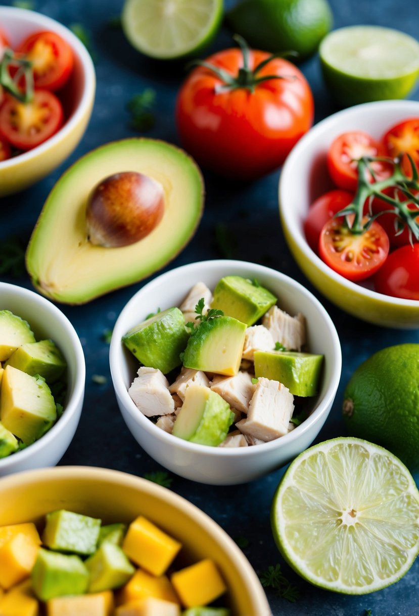 A colorful spread of fresh ingredients: diced chicken, ripe avocados, vibrant tomatoes, and zesty lime, surrounding a set of small cups