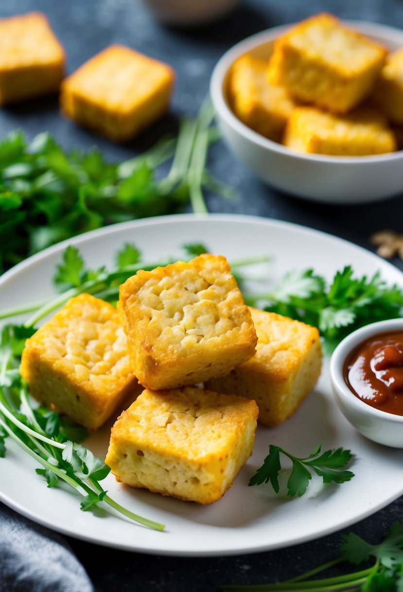 Golden tofu nuggets on a white plate with a side of dipping sauce, surrounded by fresh herbs and colorful vegetables