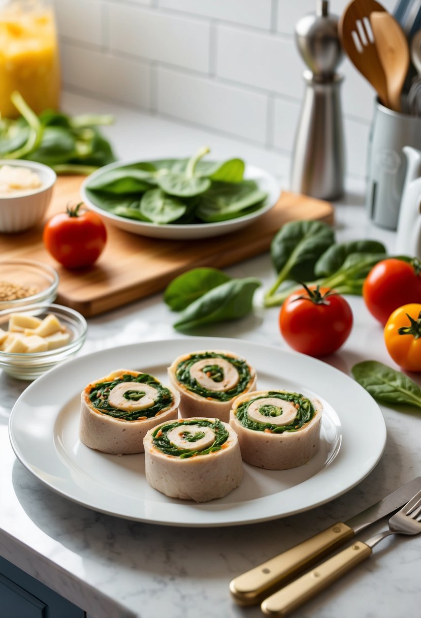 A plate of spinach and turkey pinwheels surrounded by fresh ingredients and utensils on a clean kitchen counter