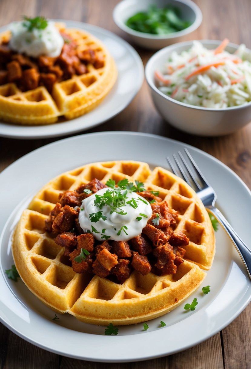 A plate of golden cornbread waffles topped with spicy chili and garnished with fresh herbs, served alongside a side of creamy coleslaw