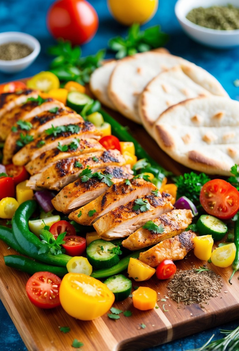 A colorful spread of grilled chicken, veggies, and pita bread on a wooden cutting board, with vibrant Greek spices and herbs scattered around