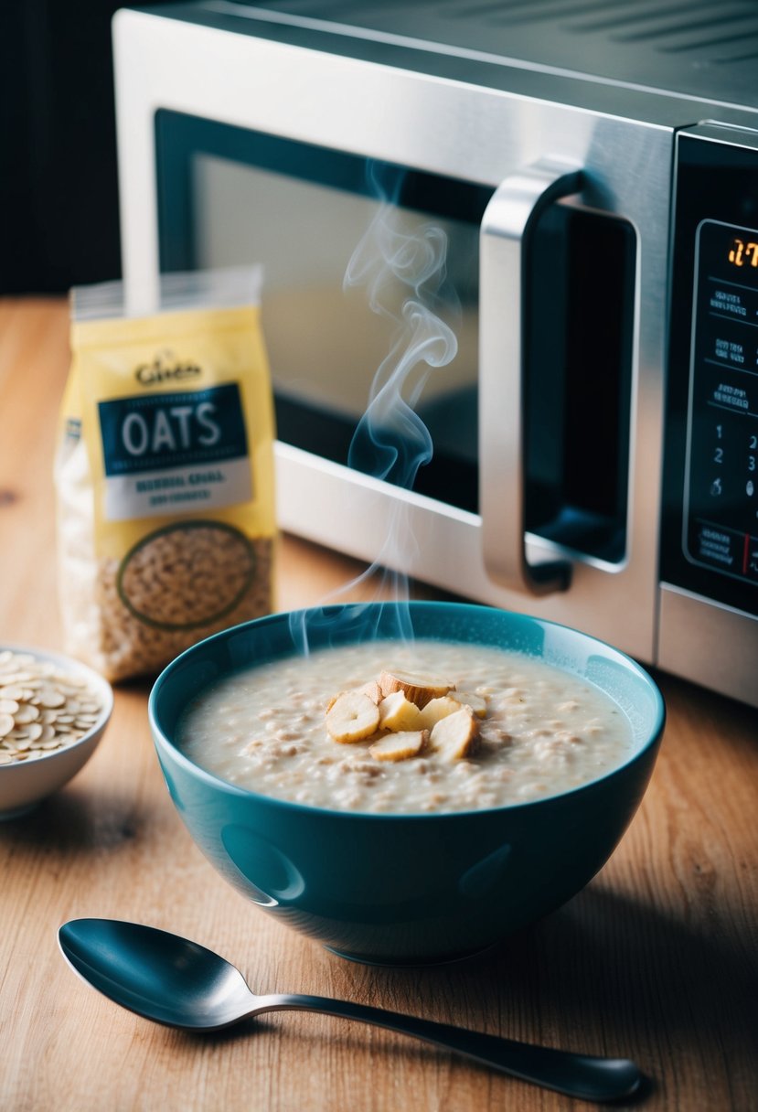 A bowl of steaming oatmeal sits beside a microwave, with a spoon and packet of oats nearby