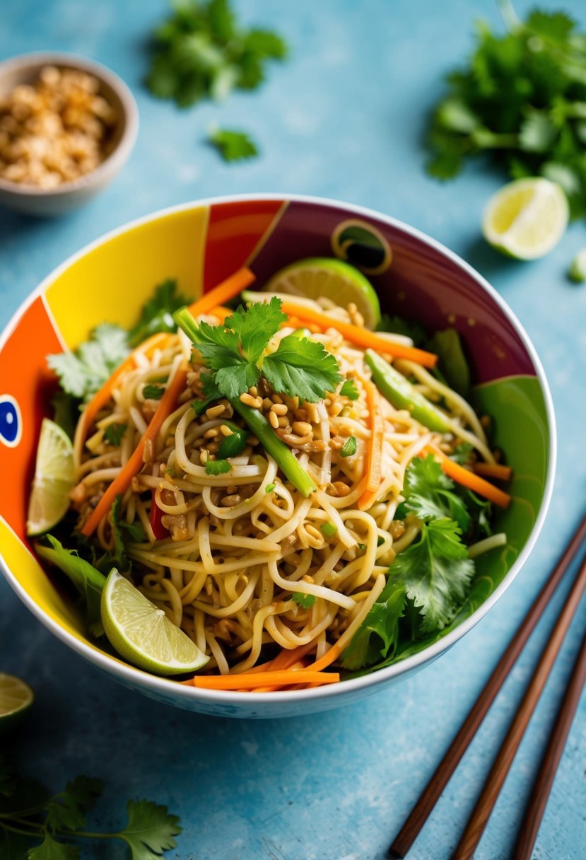 A colorful bowl filled with Thai noodle salad surrounded by fresh ingredients and chopsticks