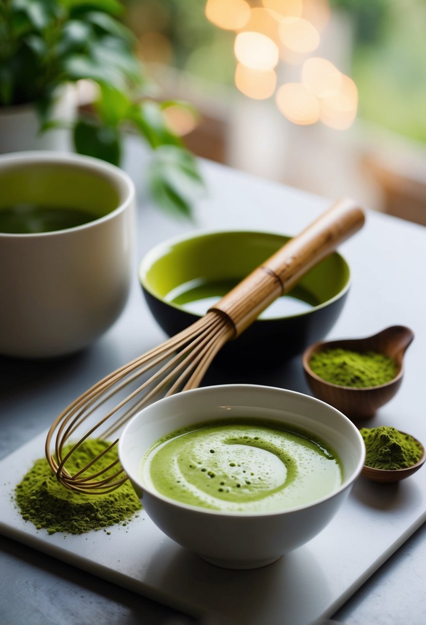 A serene kitchen scene with a bamboo whisk, matcha powder, and a bowl of frothy green tea