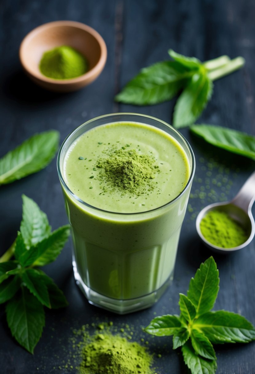 A glass filled with a vibrant green Matcha Green Tea Smoothie surrounded by fresh matcha leaves and a sprinkle of matcha powder